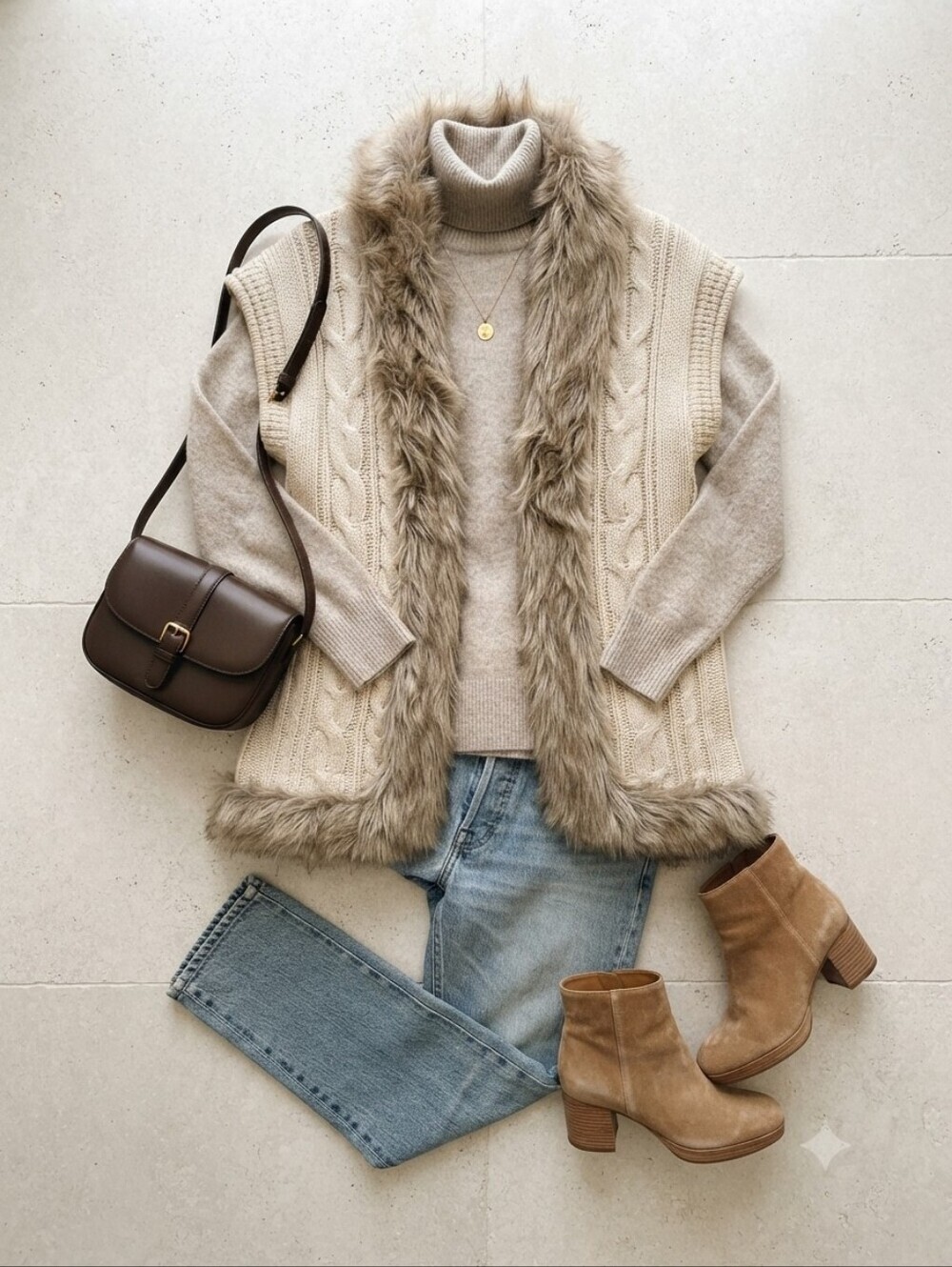 Nine West Cream Tan Faux Fur Trim Knit Open Front Short Sleeve Cardigan